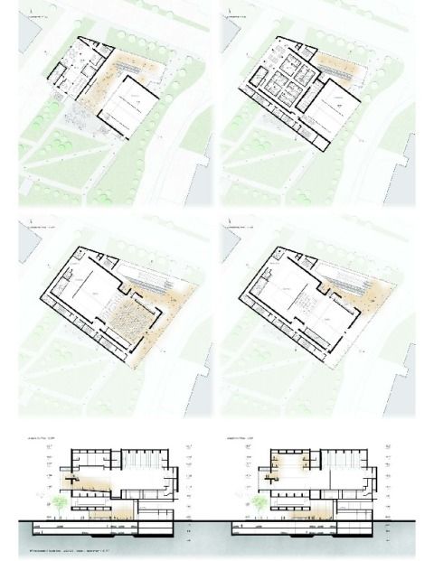 Grundrisse OG1, OG2, OG3, Längsschnitt