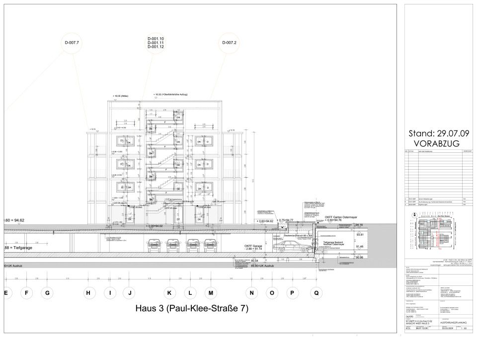 Schnitt H-H und Ansicht West Haus 3