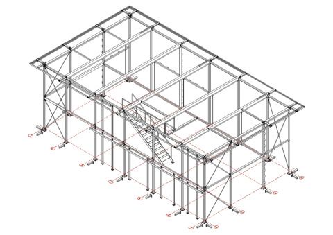Axonometrie des Stahlskeletts. Das Haus ist aus Stahl konstruiert, die haushohen Stützen halten ein Dachtragwerk aus IPE-Profilen, das hallenartig das gesamte Volumen überspannt.