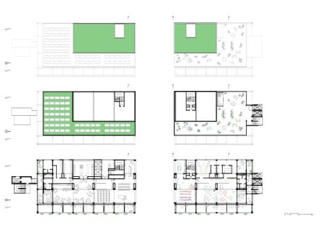 Geschosse 19-22; Sky-Lounge, Gemeinschaftsbereiche mit Veranstaltung, Sauna, Yoga, Photovoltaik-Dach und Dachterrasse für Urban Gardening, zwei Technikgeschosse mit extensivem Gründach