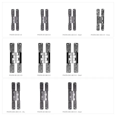 Alles verdeckt liegende Türbänder der „PIVOTA® DX”-Produktfamilie: Die Bänder in einer Reihe haben jeweils gleiche Abmessungen und repräsentieren fräsgleiche Modelle. Und doch decken sie – dank der Materialhybridtechnologie – ganz unterschiedliche Tragfähigkeiten ab. Fotos: BaSys
