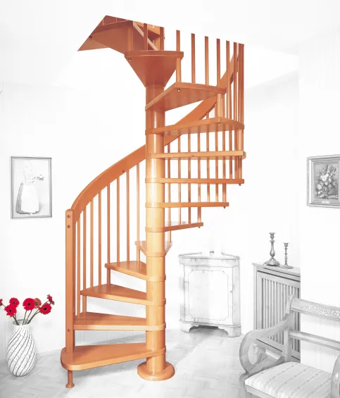 Spindeltreppe LU 105, Buche massiv, blockverleimt, Geländer mit geschwungenem Holzhandlauf, Geländerstäbe Typ S