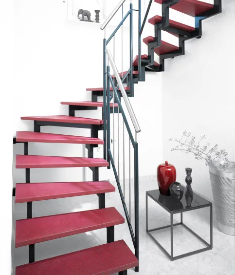 Zweiholmtreppe Design ZH 330, Stufen: Multicolor, Farbton: rot, Geländer: Orlando mit Füllstäben und Handlauf aus Edelstahl