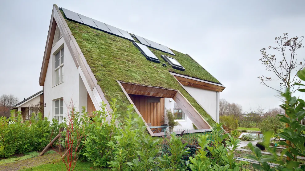 Irgendwie spielerisch und geschickt geplant ist dieses begrünte Dach vom First bis zum Boden, dass sich über der Terrasse hin zum Garten öffnet. Begrünte Dächer sind im Trend, nachhaltig und energietechnisch richtungsweisend.