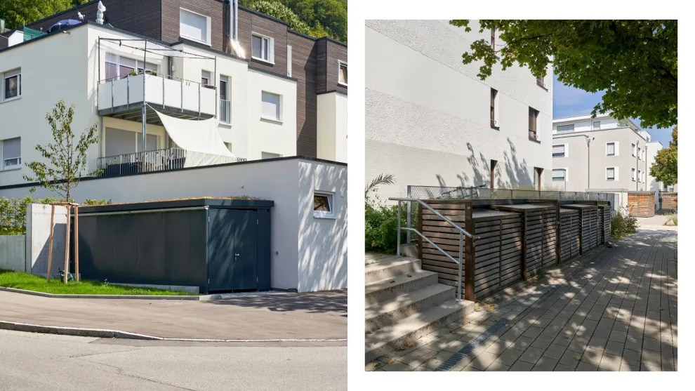 Einhausungen und Boxen schaffen Platz für Fahrräder, E-Bikes, Mülltonnen und Co.