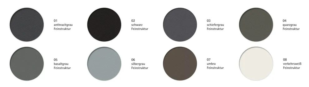 Die Farbpalette von VEKA Feinstruktur umfasst die acht Farbtöne anthrazitgrau, schiefergrau, basaltgrau, umbra, schwarz, quarzgrau, silbergrau und verkehrsweiß.