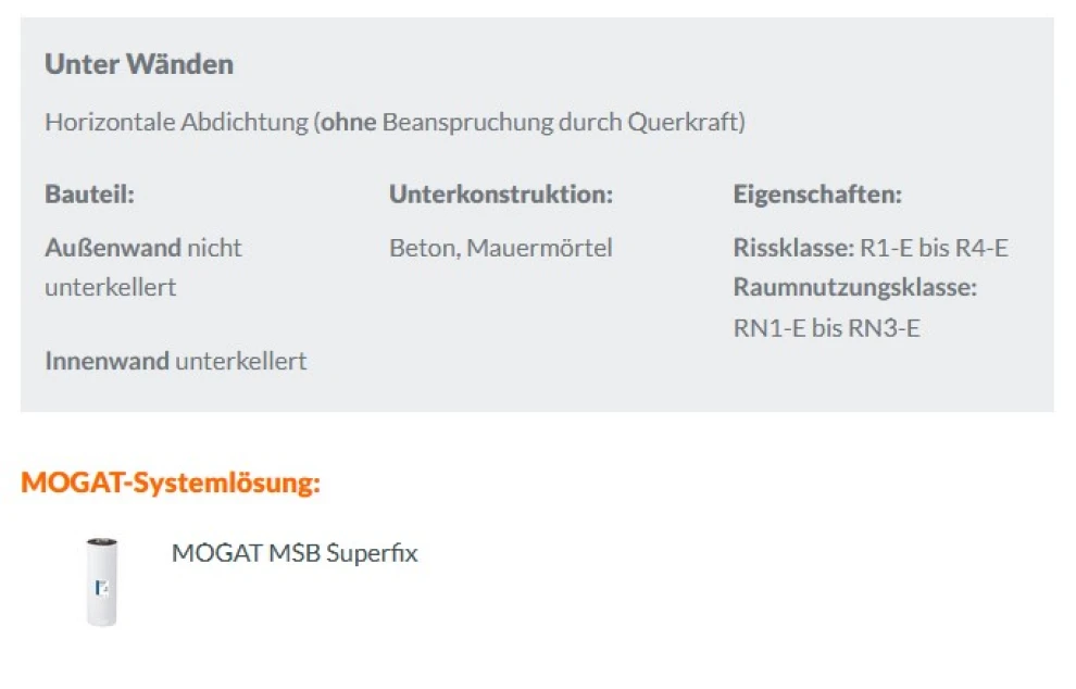 Außenwand nicht unterkellert, Innenwand unterkellert; Horizontale Abdichtung (ohne Beanspruchung durch Querkraft); Einwirkungsklasse: W4-E