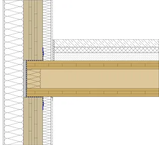 Beispiel aus dem Konstruktionskatalog: Konstruktionsdetail DE-BOX-1.1 Decke auf Aussenwand aufgelagert; Massivholzwand nicht sichtbar