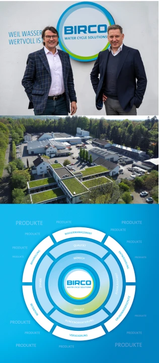Die BIRCO Geschäftsführung Christian Merkel und Dr. Ingo Markgraf mit neuem Logo (Bild oben) - BIRCO Stammsitz am Herrenpfädel in Baden-Baden (Bild mitte) - BIRCOsphere: BIRCO bietet ganzheitliche Systemlösungen für einen zukunftsfähigen Umgang mit der Ressource Wasser (Bild unten) Die BIRCO Geschäftsführung Christian Merkel und Dr. Ingo Markgraf mit neuem Logo (Bild oben) - BIRCO Stammsitz am Herrenpfädel in Baden-Baden (Bild mitte) - BIRCOsphere: BIRCO bietet ganzheitliche Systemlösungen für einen zukunftsfähigen Umgang mit der Ressource Wasser (Bild unten)