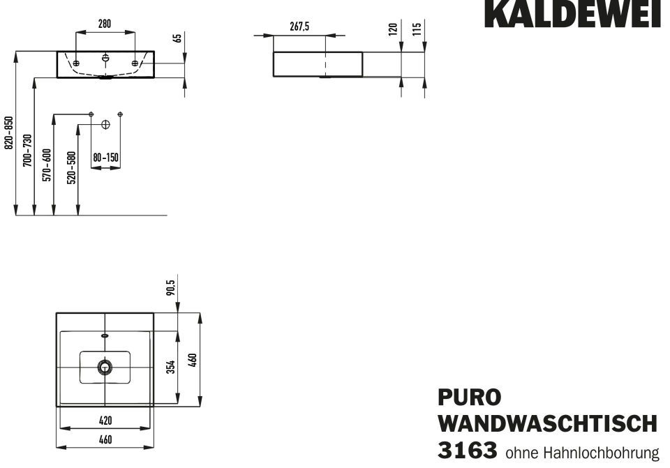 PURO WANDWASCHTISCH, Mod.3163 460x460mm, alpinweiß matt, Perl-Effekt, Antidröhn mit Überlauf, Sichtteile alpinweiß