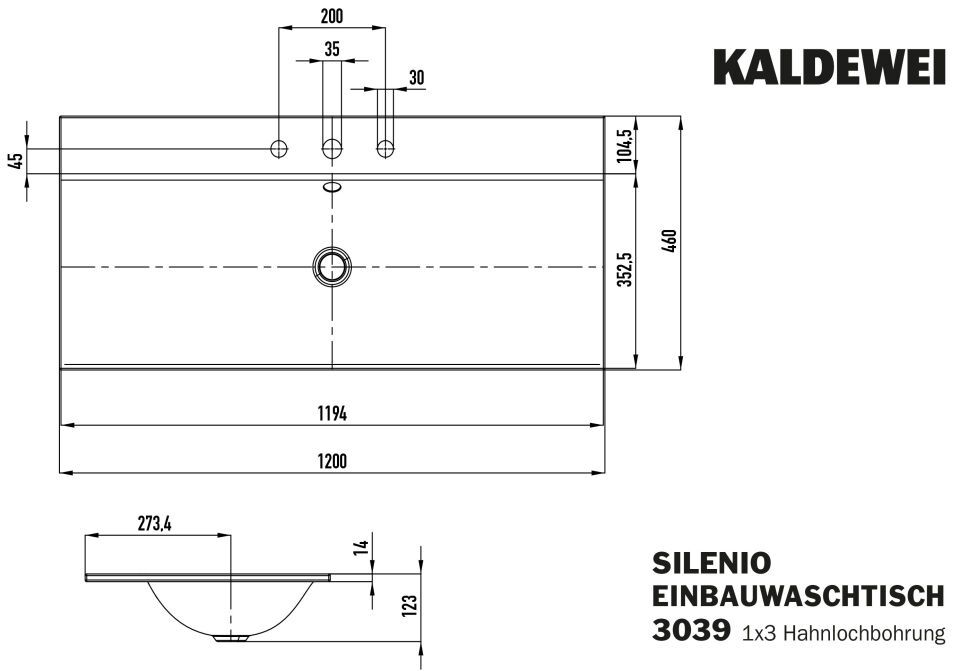 SILENIO EINBAUWASCHTISCH Einbau-Doppelwaschtisch, Mod.3039 1200x460mm alpinweiß matt, Perl-Effekt, Antidröhn, mit 3-er Hahnlochbohrung, Sichtteile alpinweiß