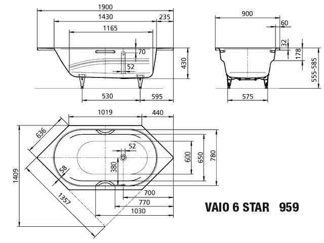 Badewanne VAIO 6 STAR, Mod.959 1900x900mm alpinweiß, Sonderüberlauf, mit Griffloch, Antislip, Perl-Effekt