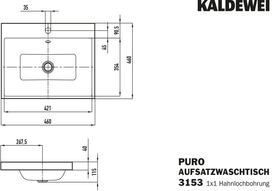 PURO AUFSATZWASCHTISCH (RANDHÖHE 40 MM), Mod.3153 460x460mm, alpinweiß, Perl-Effekt, Antidröhn mit 1-er Hahnlochbohrung, mit Überlauf, Sichtteile schwarz matt 100