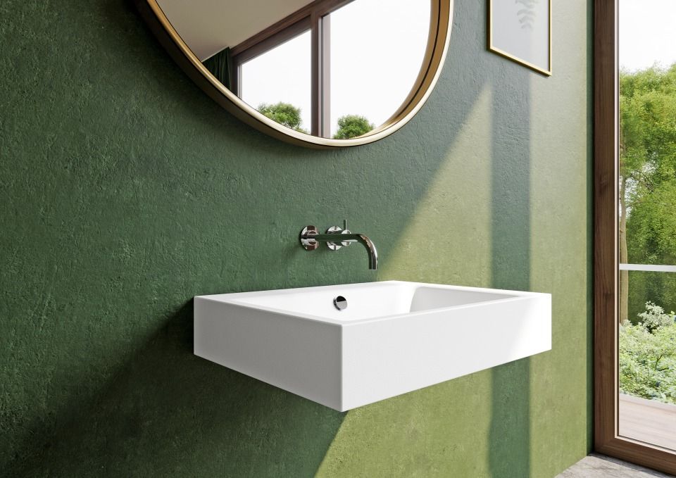 PURO WANDWASCHTISCH, Mod.3163 460x460mm, alpinweiß matt, Perl-Effekt, Antidröhn mit Überlauf, Sichtteile chrom
