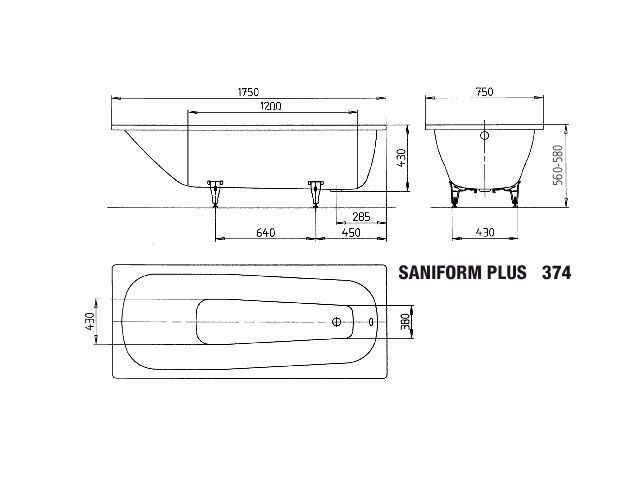Badewanne SANIFORM, Mod.374 1750x750mm alpinweiß, Invisible Grip