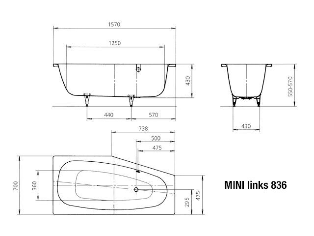 Badewanne MINI links, Mod.836 1570x700mm schwarz, Vollantislip, Perl-Effekt