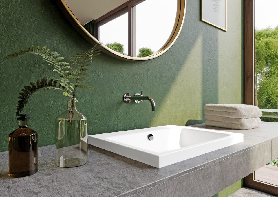 PURO AUFSATZWASCHTISCH (RANDHÖHE 40 MM), Mod.3155 900x460mm, warm grey 60, Perl-Effekt, Antidröhn mit Überlauf, Sichtteile chrom