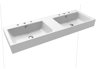PURO WAND-DOPPELWASCHTISCH, Mod.3170 1300x460mm, alpinweiß, Perl-Effekt, Antidröhn mit 2x3-er Hahnlochborhung für Doppelwaschtisch, mit Überlauf , Sichtteile chrom