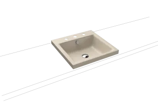PURO AUFSATZWASCHTISCH (RANDHÖHE 40 MM), Mod.3153 460x460mm, warm beige 20, Perl-Effekt, Antidröhn mit 3-er Hahnlochbohrung, mit Überlauf, Sichtteile chrom