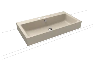 PURO AUFSATZWASCHTISCH (RANDHÖHE 120 MM), Mod.3158 900x460mm, warm beige 20, Perl-Effekt, Antidröhn mit 3-er Hahnlochbohrung, mit Überlauf, Sichtteile chrom