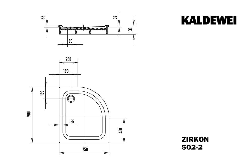 Duschfläche ZIRKON MIT WANNENTRÄGER, Mod.502-2 750x900mm, alpinweiß