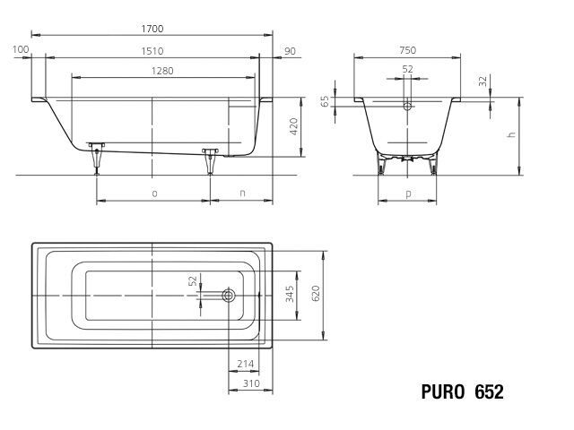 Badewanne PURO, Mod.652 1700x750mm, alpinweiß, Perl-Effekt