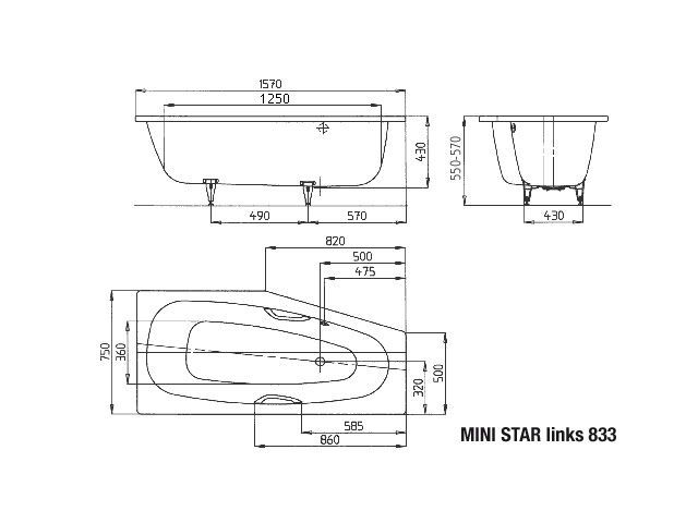 Badewanne MINI STAR links, Mod.833 1570x750mm bahamabeige, mit Griffloch, Antislip, Perl-Effekt