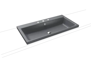 PURO AUFSATZWASCHTISCH (RANDHÖHE 40 MM), Mod.3155 900x460mm, cool grey 70, Perl-Effekt, Antidröhn mit 3-er Hahnlochbohrung, mit Überlauf, Sichtteile chrom