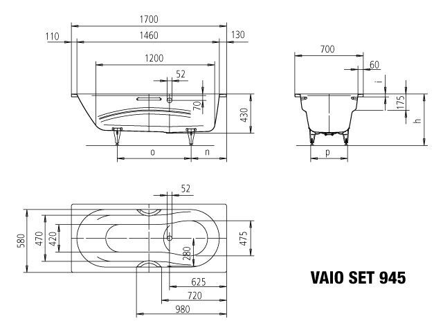 Badewanne VAIO SET STAR, Mod.945 1700x700mm alpinweiß, mit Griffloch, Invisible Grip