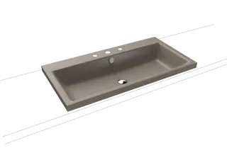 PURO AUFSATZWASCHTISCH (RANDHÖHE 40 MM), Mod.3155 900x460mm, warm grey 60, Perl-Effekt, Antidröhn mit 3-er Hahnlochbohrung, mit Überlauf, Sichtteile chrom
