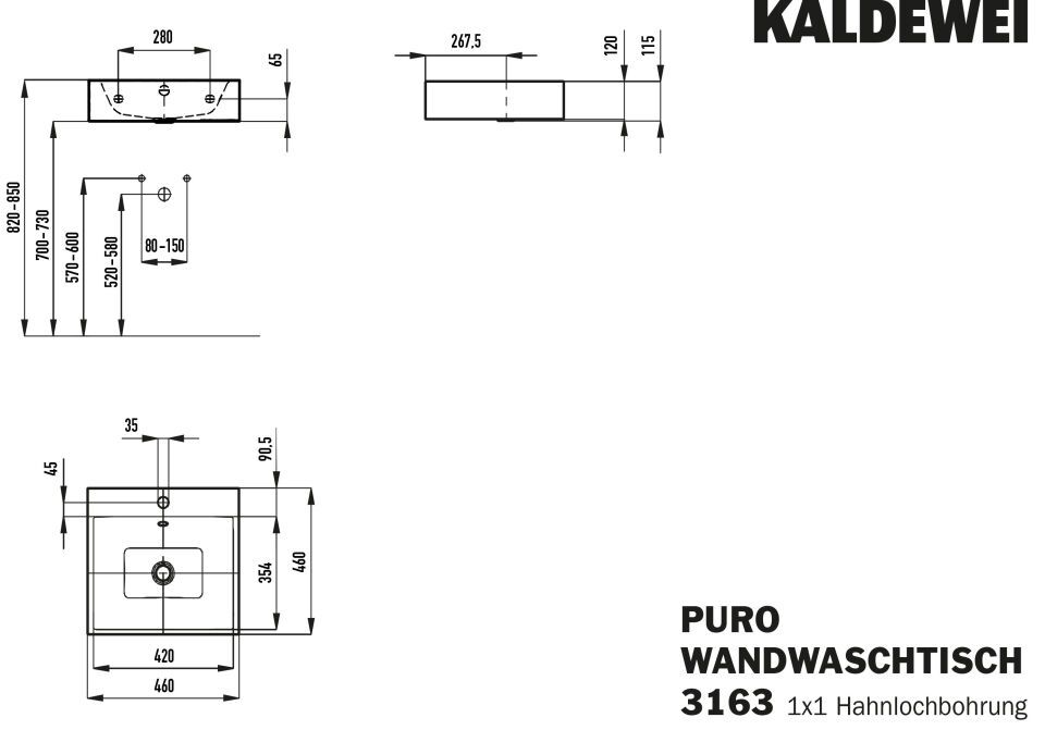 PURO WANDWASCHTISCH, Mod.3163 460x460mm, alpinweiß , Perl-Effekt, Antidröhn mit 1-er Hahnlochbohrung, mit Überlauf, Sichtteile alpinweiß