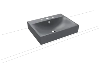 SILENIO AUFSATZWASCHTISCH (RANDHÖHE 120 MM), Mod.3042 600x460mm, cool grey 70, Perl-Effekt, Antidröhn mit 3-er Hahnlochbohrung, mit Überlauf, Sichtteile chrom