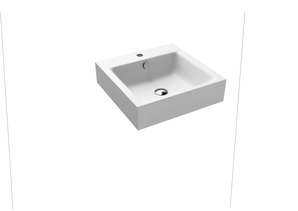 PURO WANDWASCHTISCH, Mod.3163 460x460mm, alpinweiß matt, Perl-Effekt, Antidröhn mit 1-er Hahnlochbohrung, mit Überlauf, Sichtteile chrom