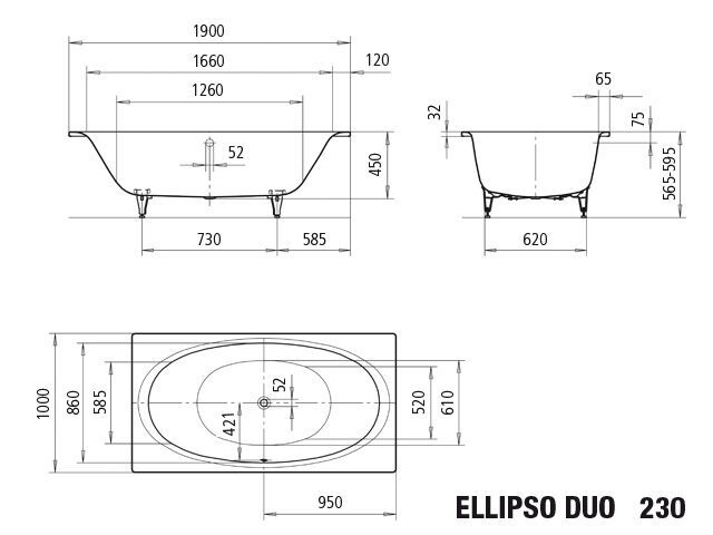 Badewanne ELLIPSO DUO, Mod.230 1900x1000mm alpinweiß, mit Griffloch