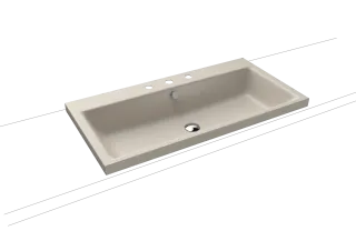 PURO AUFSATZWASCHTISCH (RANDHÖHE 40 MM), Mod.3155 900x460mm, warm grey 10, Perl-Effekt, Antidröhn mit 3-er Hahnlochbohrung, mit Überlauf, Sichtteile chrom