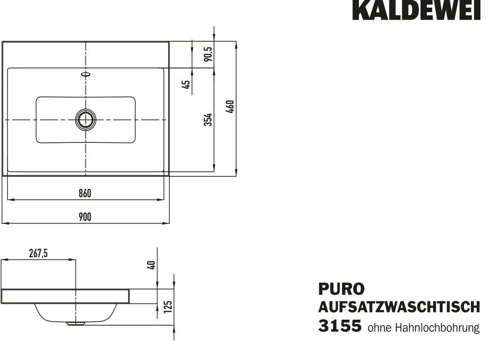 PURO AUFSATZWASCHTISCH (RANDHÖHE 40 MM), Mod.3155 900x460mm, warm grey 60, Perl-Effekt, Antidröhn mit Überlauf, Sichtteile chrom