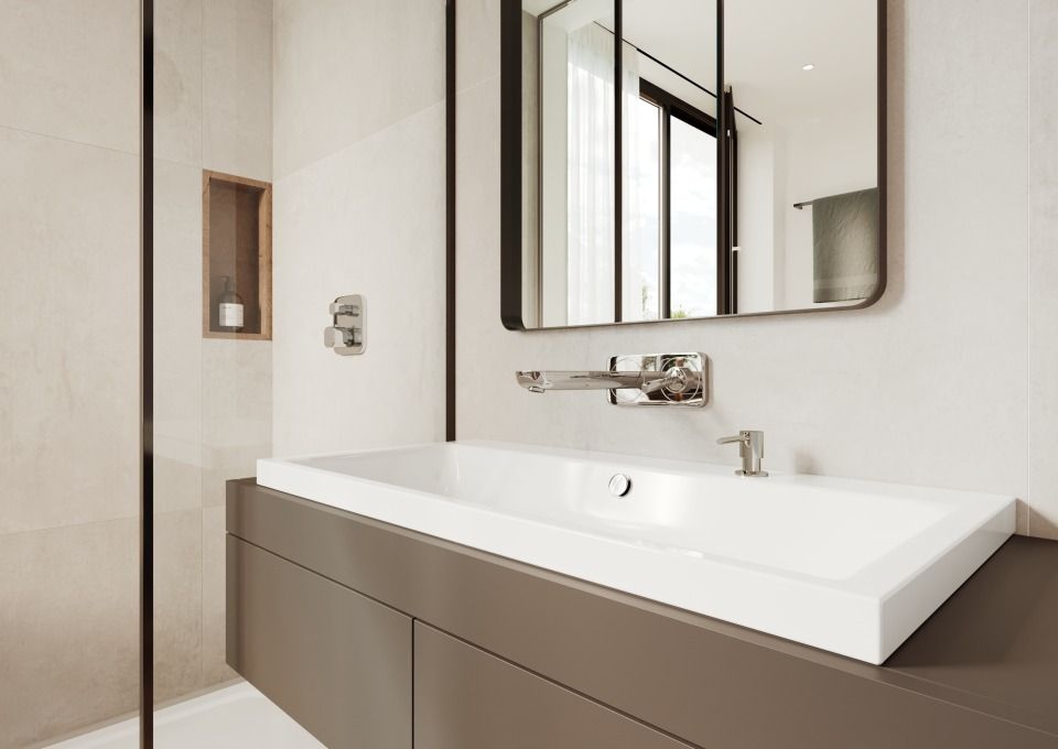 PURO AUFSATZWASCHTISCH (RANDHÖHE 40 MM), Mod.3155 900x460mm, warm grey 60, Perl-Effekt, Antidröhn mit Überlauf, Sichtteile chrom