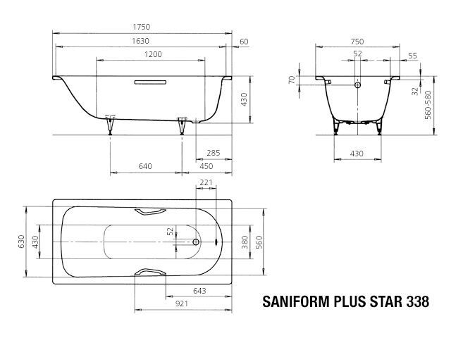 Badewanne SANIFORM STAR, Mod.338 1750x750mm manhattan, mit Griffloch, Perl-Effekt