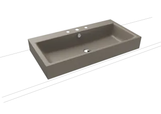 PURO AUFSATZWASCHTISCH (RANDHÖHE 120 MM), Mod.3158 900x460mm, warm grey 60, Perl-Effekt, Antidröhn mit 3-er Hahnlochbohrung, mit Überlauf, Sichtteile chrom