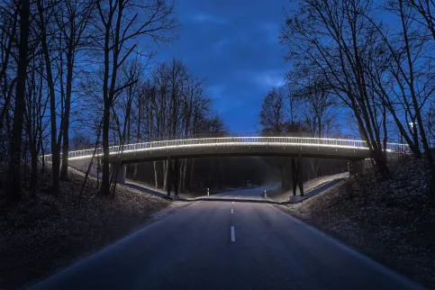 Handlaufsystem LUX GLENDER SAFE - Fußgängerbrücke Nördlingen | Minimiert die Blendung des darunterliegenden Straßenverkehrs. Ausführung: Profil LILLY asymmetrisch, IP65