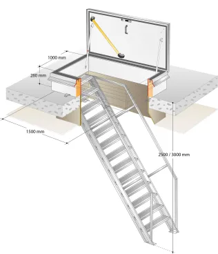 Der große Dachausstieg ergibt in Verbindung mit einer bauseits gefertigten Geschosstreppe eine komfortable Ausstiegslösung, sicherheitsgeprüft und wartungsarm!