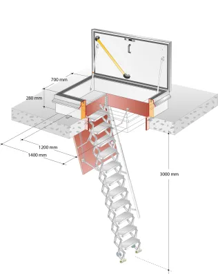 Sichere Dachausstiegslösung mit Scherentreppe (Typ Large). Auch eine optionale Verlängerung der Scherentreppe ist möglich.