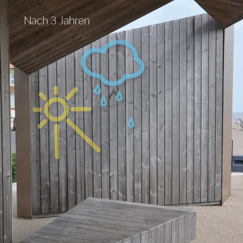 Die Abbildung zeigt, wie die Elemente dem Holz nach drei Jahren eine schöne Patina gegeben haben.