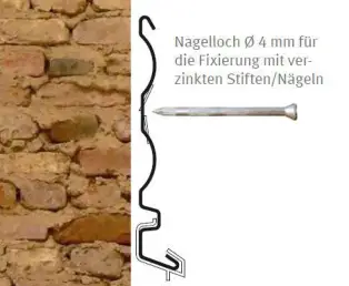 Das zentrale Nagelloch liegt plan auf dem Putzgrund auf, dadurch wird die maximale Befestigungsfläche genutzt.