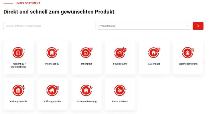 Ausschnitt Online-Produktdatenbank mit Suchfilter