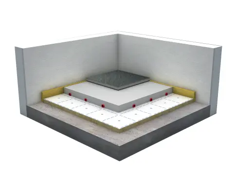Fußbodenheizungssystem mit Trittschallverbesserung aus Uponor Klett Silent und Knauf FE Eco