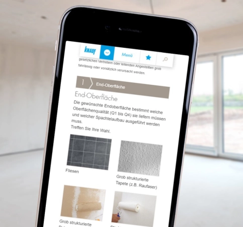 Mit dem Spachtelpilot bietet Knauf ein Online-Tool zur Herstellung der passenden Oberflächenspachtelung auf Plattenuntergründen.