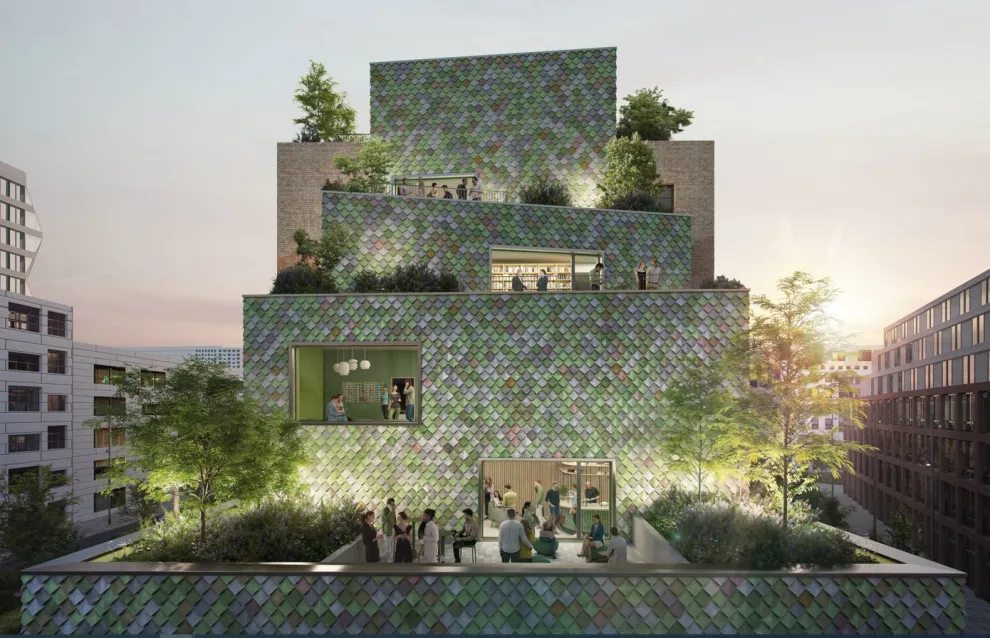 In München entsteht dieses neue Bürogebäude des Rock Capital Group mit Fassadenschindeln aus recycelten PVC-Bauprodukten.
