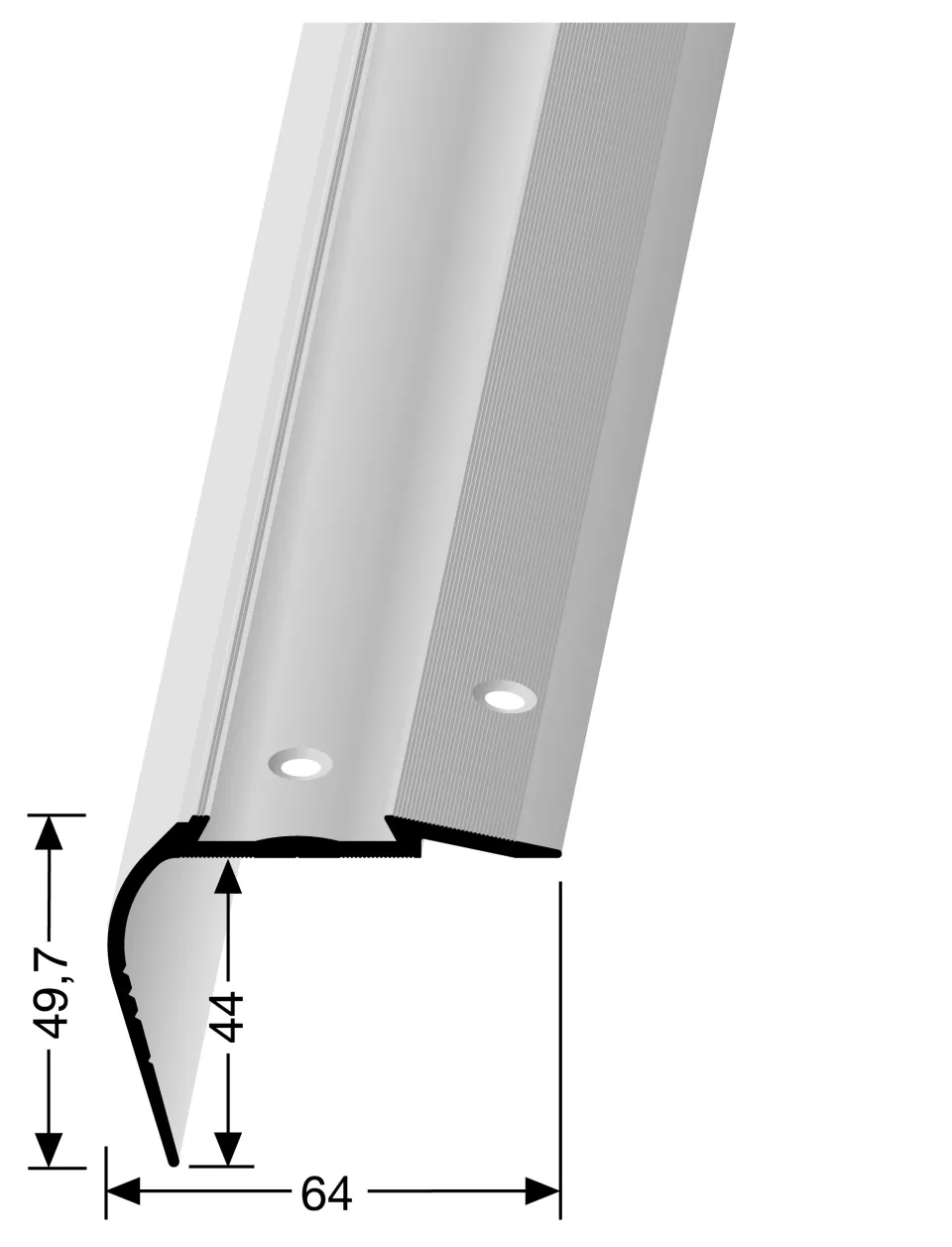 Treppenkantenpr. 2500 mm SBS Typ 707 C Aluminium eloxiert silber 0 - 43 mm versetzt vers. Gebohrt, für PVC-Einlage