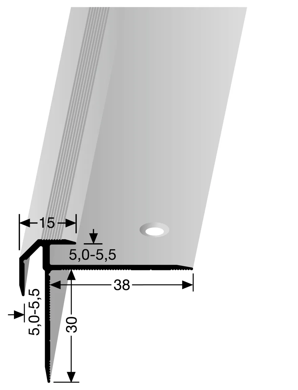Treppenkantenprofil 2500 mm SBS Typ 835 Aluminium poliert 5,0 - 5,5 mm doppelt versetzt versenkt gebohrt